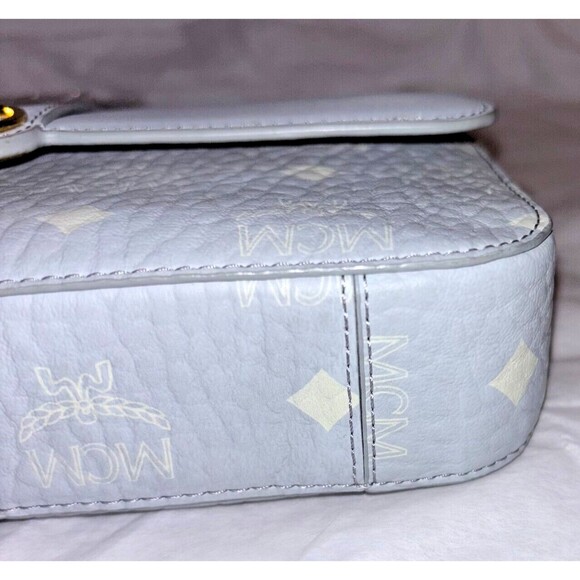 MCM Crossbody Purse Gray Leather Chic Preppy Designer Understated Gold Quiet Lux - Picture 10 of 15